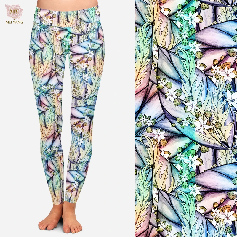 One Size Tall Curvy 92% Polyester 8% Spandex High Waist Soft Stretchy floral watercolor printed Leggings