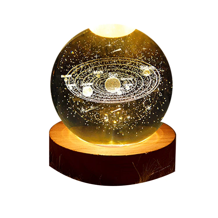 Crystal Solar System Planet Globe 3D Laser Engraved Sun System Ball with Touch Switch LED Light Base Astronomy Gifts