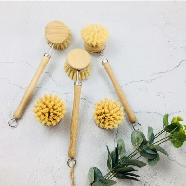 Natural Bamboo Handle Pot Cleaner Dish Brush with replacement head
