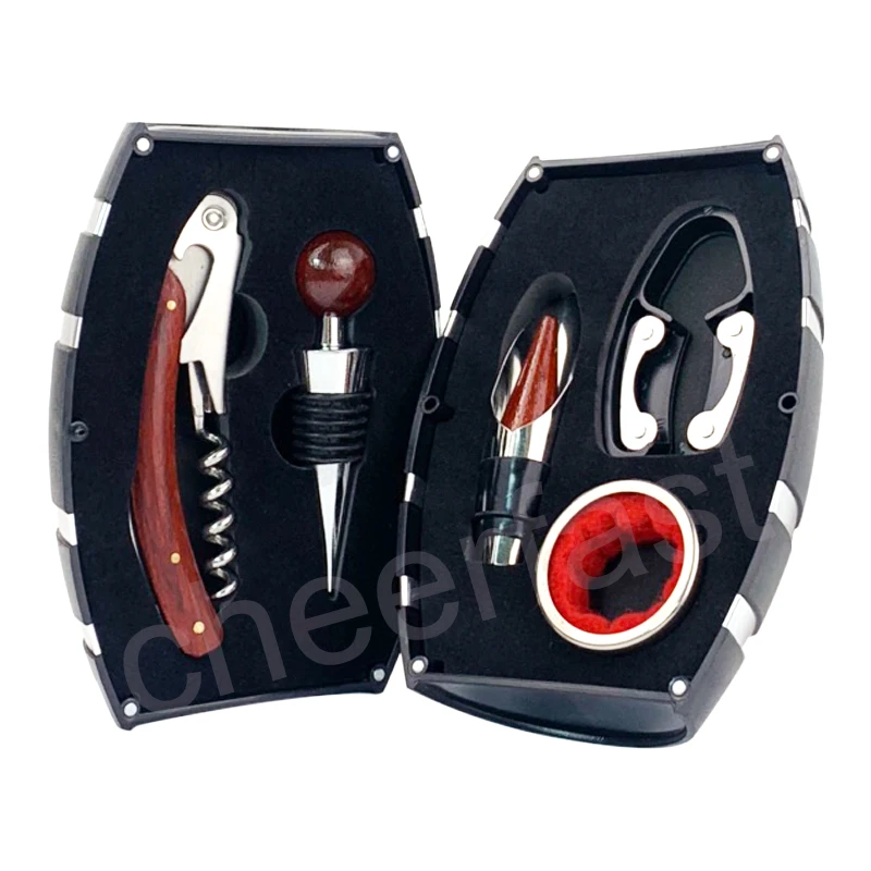 Well Made Bar Red Wine Bottle Pourer And Wood Handle Corkscrew Black Barrel 5Pcs Kit Accessories Set With Opener