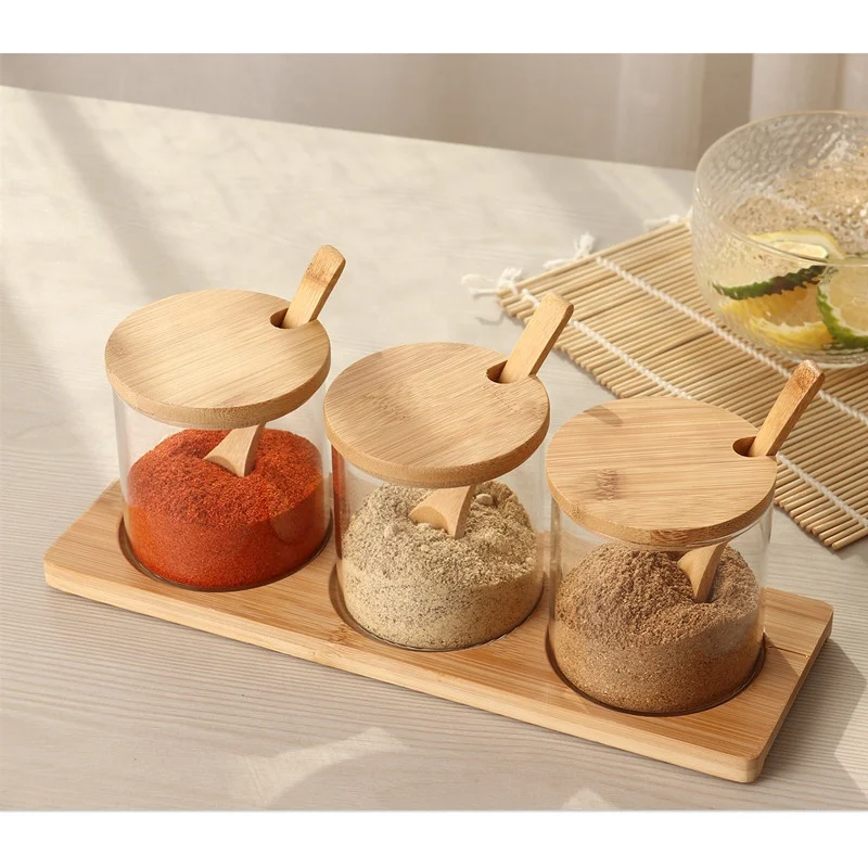Wholesale Storage Bottles & Jars Food Storage Container with Airtight Bamboo Lid Borosilicate Clear Glass Spice Jar