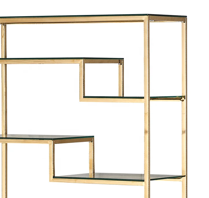 2022 Home Office Furniture Customized Luxury Modern Gold Stainless Steel And Glass Bookcase Storage Cabinet Rack Bookshelf