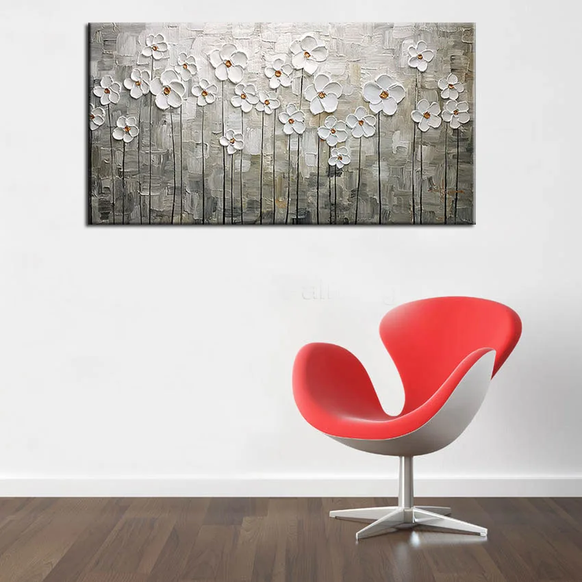 Wall Decoration 100% Handmade Canvas Modern White Flower Painting with Heavy Oil Paints