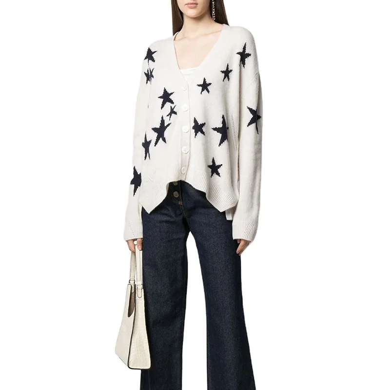 Custom Intarsia Stars Knit Cardigans Wool Cashmere Cotton Button Front Oversized Cardigan Sweater Women