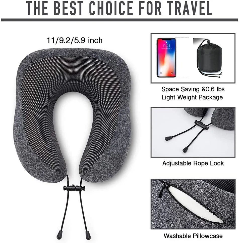100% Cotton Memory Foam Travel Pillow Custom Logo Free Eye Mask Earplugs U-Shaped Pillow for Airplane Car Travel Neck Pillow