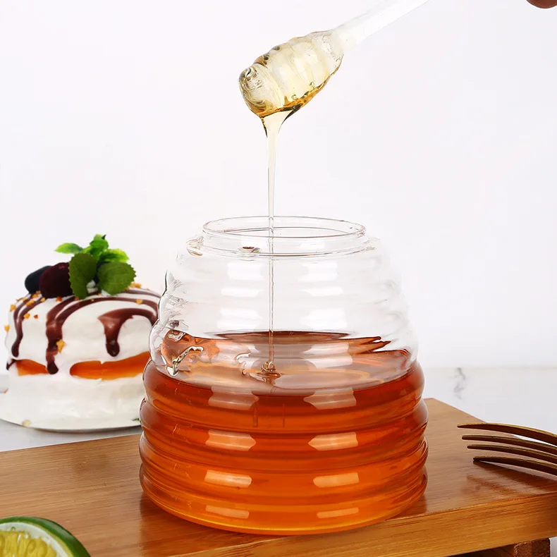 wholesale cheap  glass honey jar hive shape glass storage bottle with stirring rod