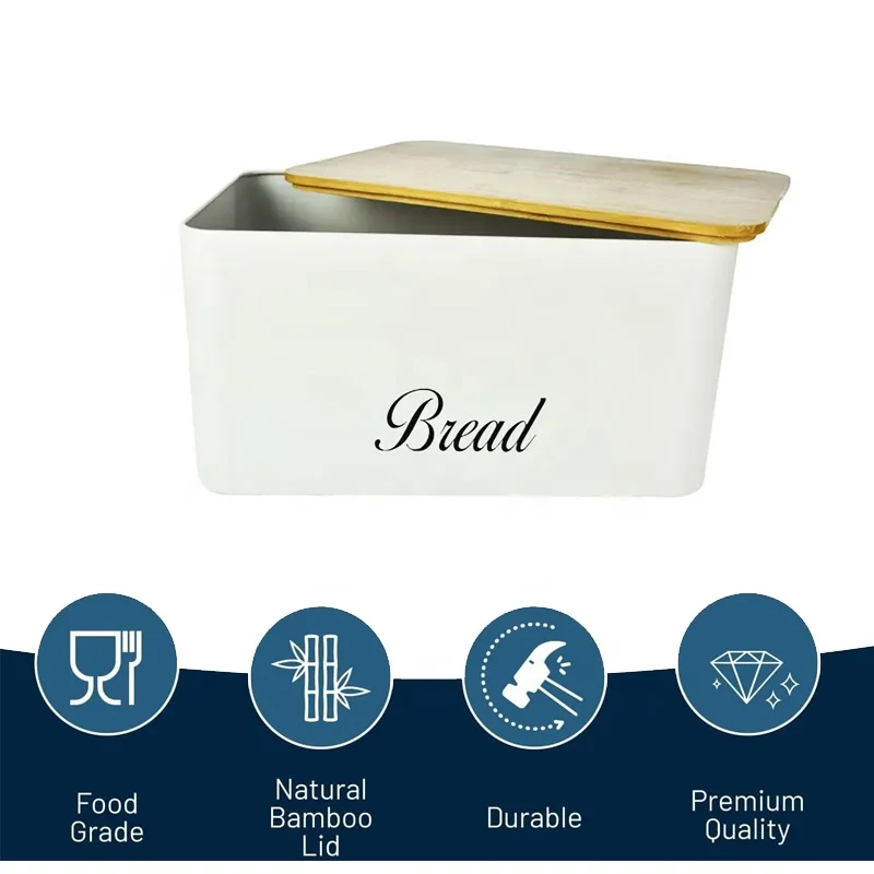 Food Safe Vintage Farmhouse Kitchen Countertop Storage Metal Bread Bin Tea Coffee Sugar Canister Set Bamboo Lid White Bread Box
