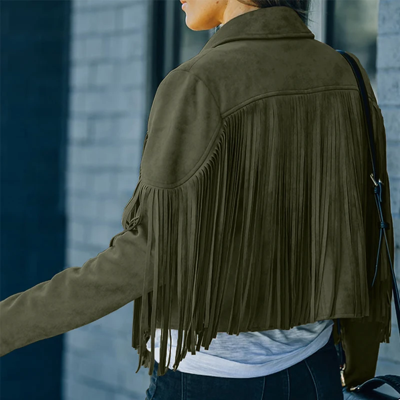 Factory Wholesale Autumn 2022 Long Sleebve Crop Fringe Faux Suede Jacket For Women