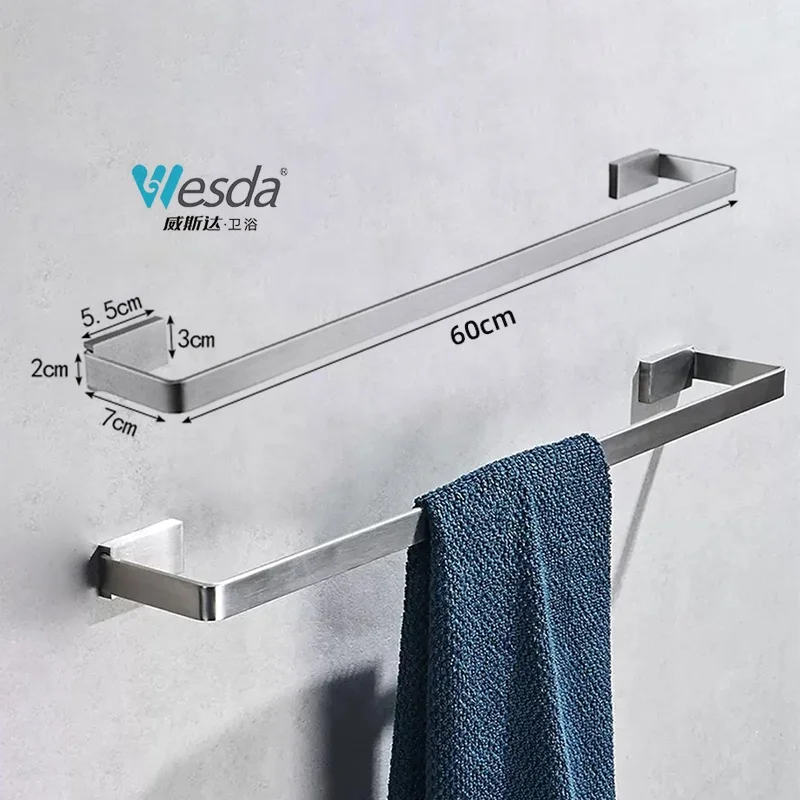 WESDA Luxury Modern Design Stainless Steel Single Towel Holder Bar Bathroom Wall Mounted Square Towel Rail