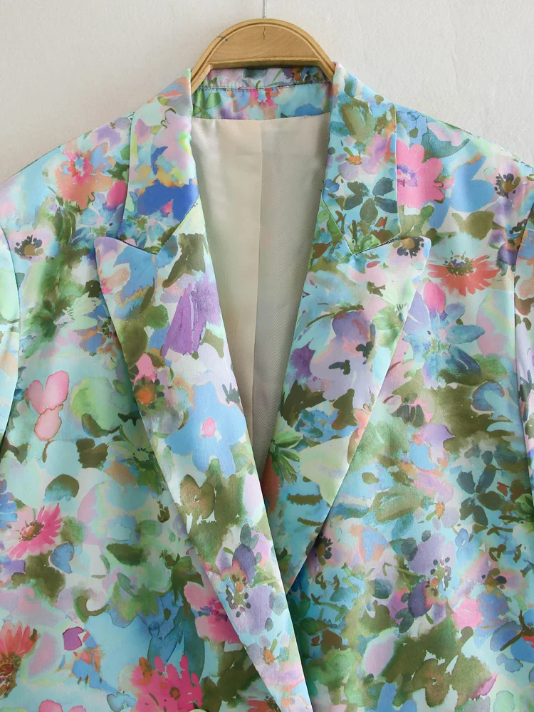 Double breasted long sleeve floral print multi color notched collar casual blazer for women