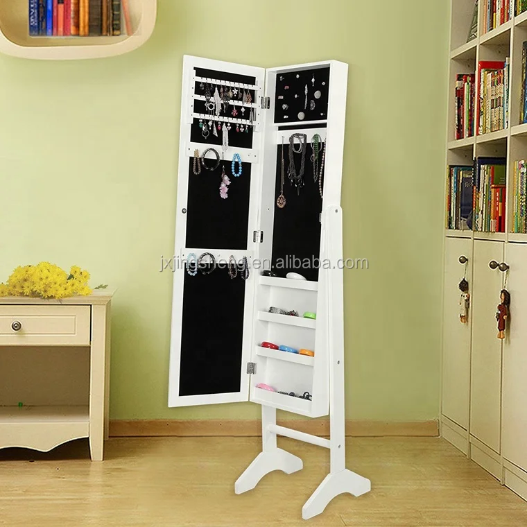 Black home furniture wood jewelry cabinet with standing mirror