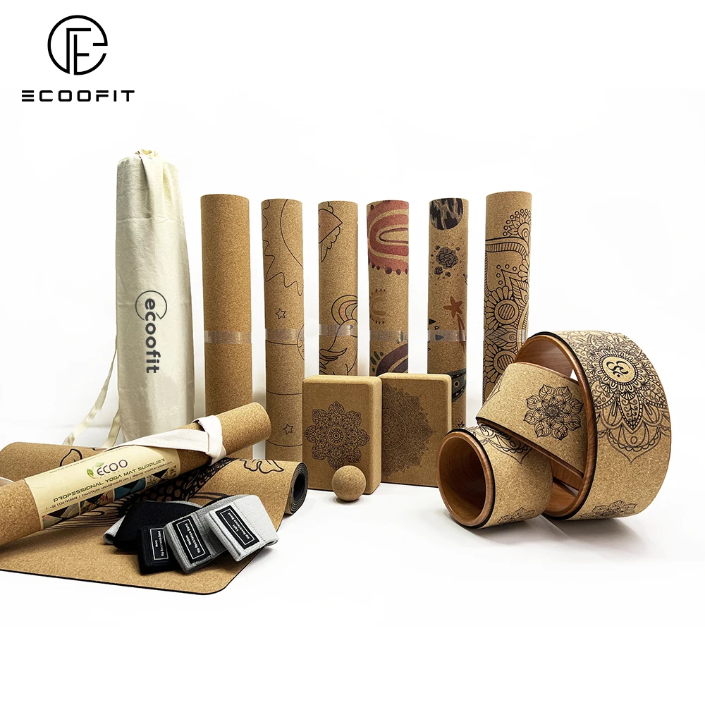 Organic Sustainable Rubber Cork Yoga Mat,Cork Yoga Kit Eco Friendly Custom Cork Wheel Strap Block Bricks And Ball Yoga Mat Set