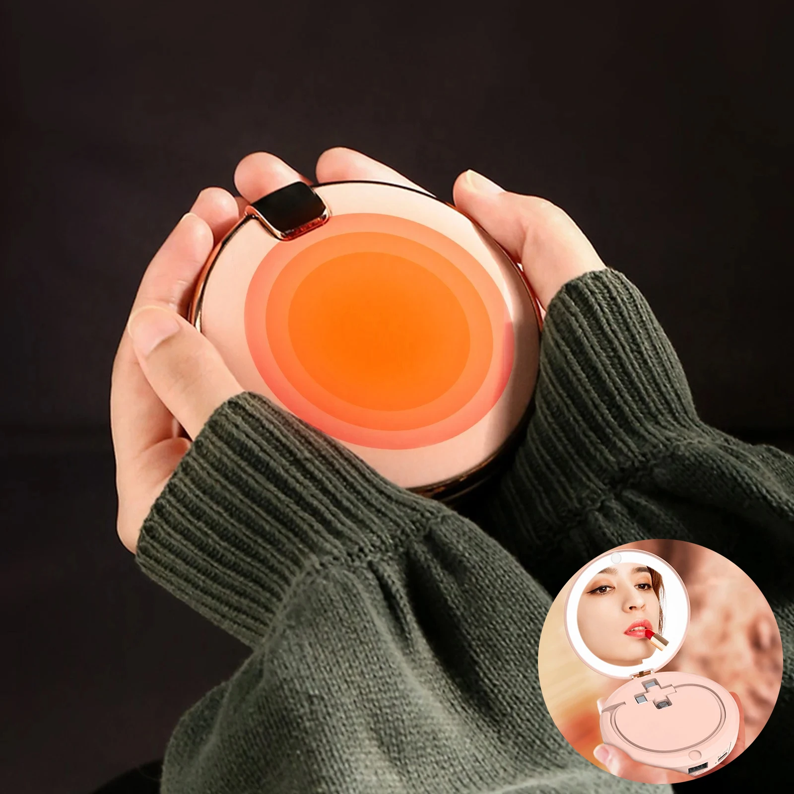 3 In 1 Mini Portable USB Charging Electric Hand Warmer With Fill Lighting Makeup Mirror Power Bank For Home Outdoor Winter Girl