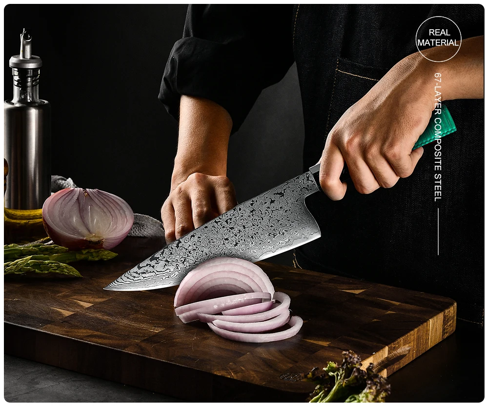 Japanese 67 Layers Damascus Steel Kitchen Knife Sets Chef Kiritsuke Utility Knife with Green Resin and Aluminum Comb Handle