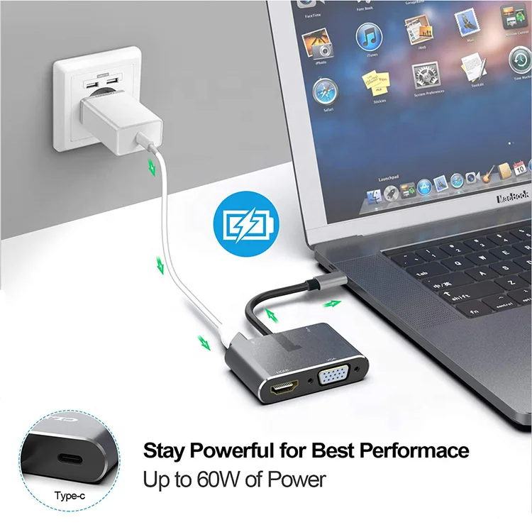 USB C HUB 4 in 1 aluminum material faster data transfer USB C to Type-C+HDTV+VGA+USB 3.0 adapter 4 pots adapt