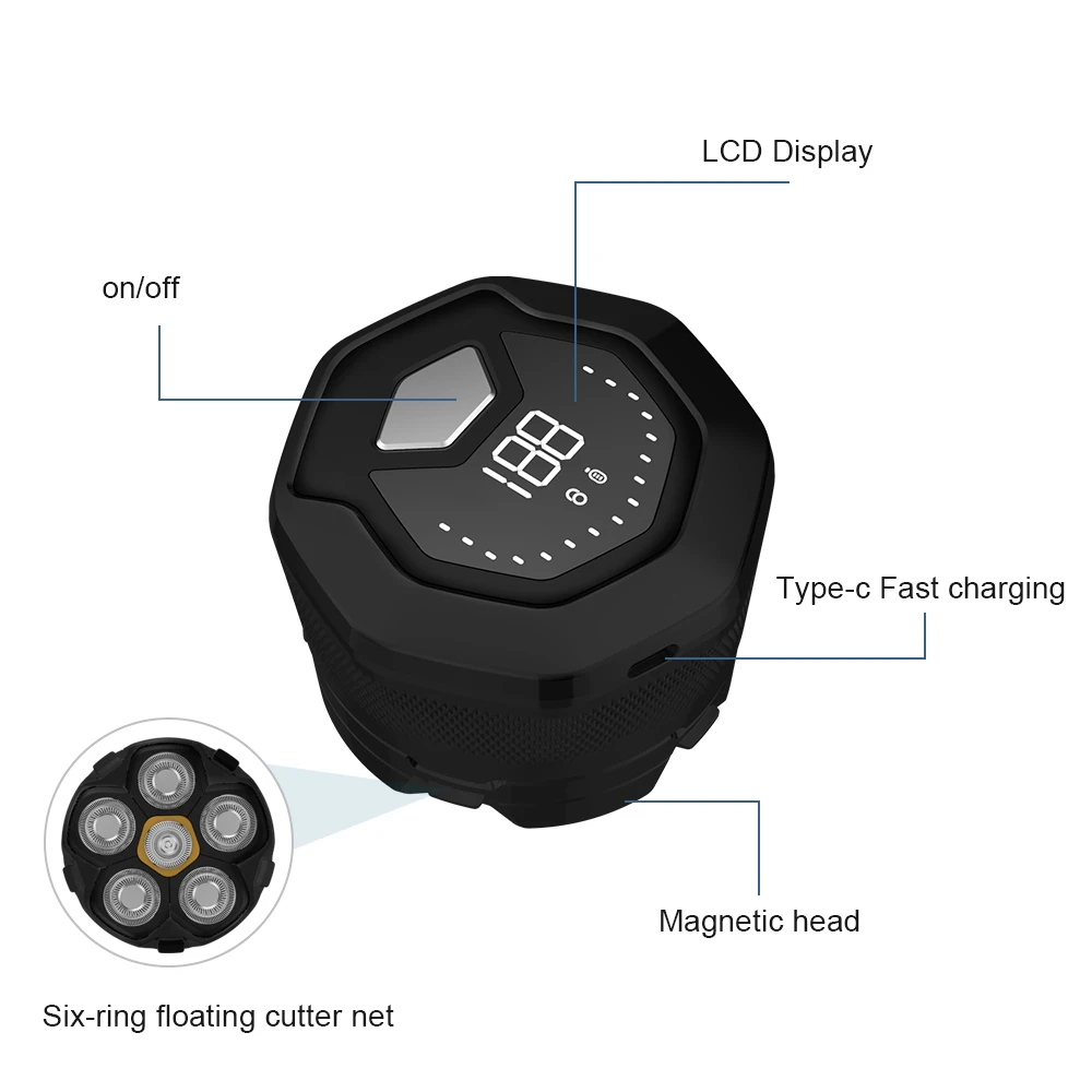 Waterproof 6D Head Bald Shaver Magnetic Head Shaving Machine Cordless Electric Mini Rotary Shavers For Men with LED display