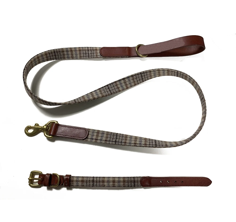 Luxury Genuine Leather and Tweed Dog Collar &Leash Set With Brass Metal Buckle