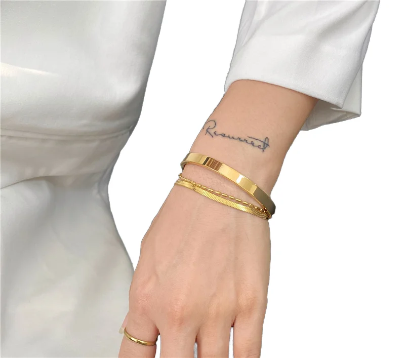 18K Gold Plated Stainless Steel Snake Chain Bracelet Set Fashion Jewelry Small Rice Beads Double Layer Flat Bracelets