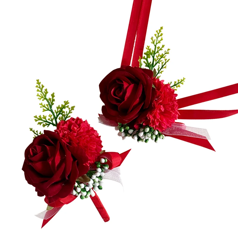 Wedding Prom Corsage and Boutonniere Set, Rose Wrist Corsage Ribbon Bracelet, Artificial Flower Wedding Accessories