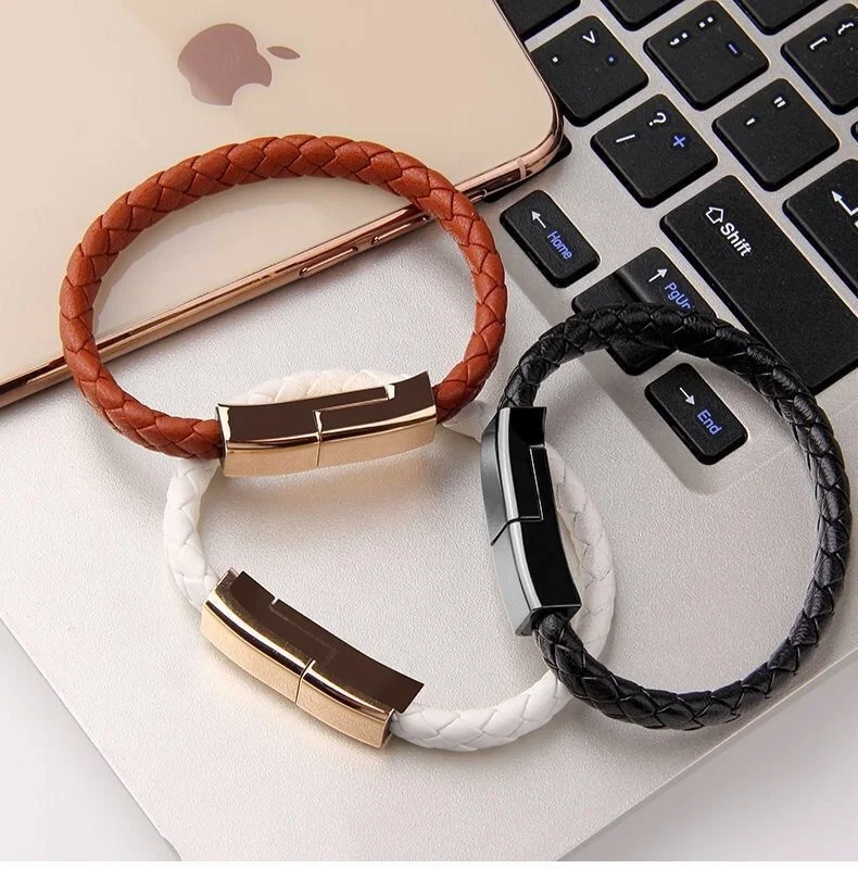 VEROMCA Stainless Steel Brown Black White Leather Rope Data cable Bracelet USB Braided Bracelet