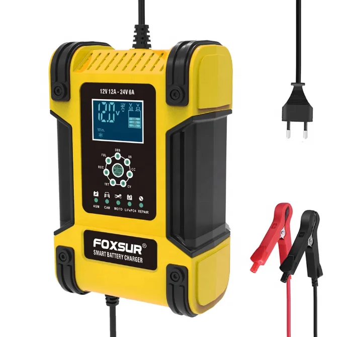 Large Power Universal 12V 24V Battery Charger & Maintainer for SUV Truck Car AGM GEL WET Lithium LiFePO4 12A Car Battery Charger