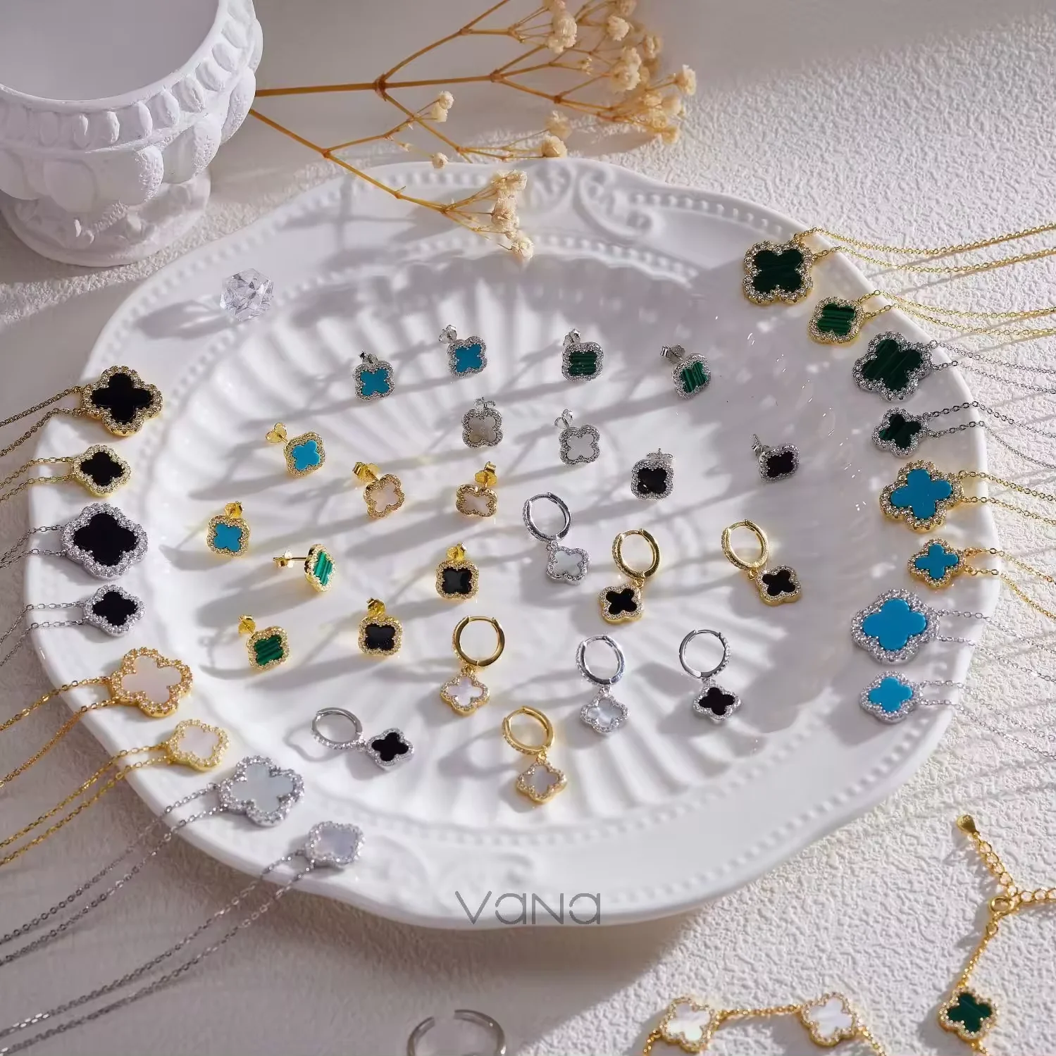 VANA High Quality 4 Leaf Clover Ring Necklace Sterling Silver Clover Jewelry Set  925 Silver Ring Brands Jewelry Set