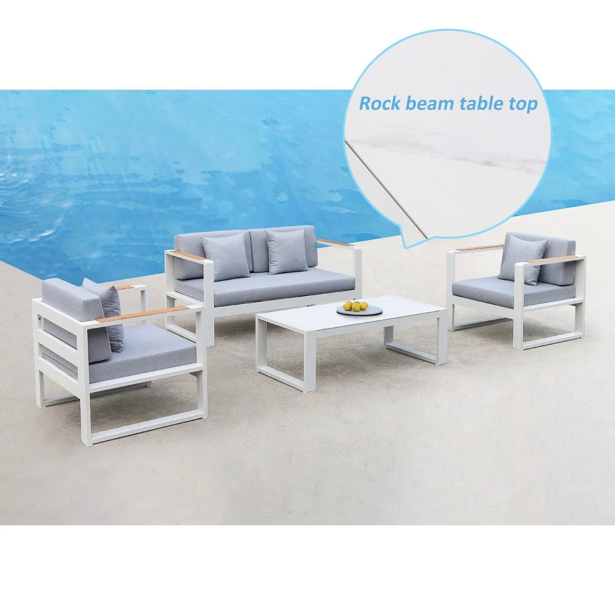 modern aluminum teak wood armrest 2 seater sofa outdoor for hotel & garden