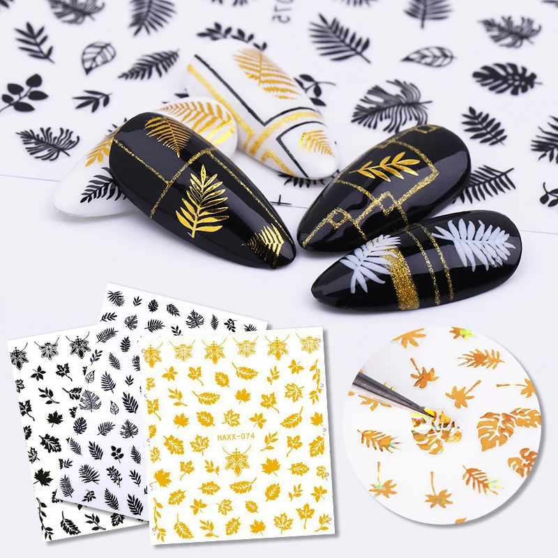 
1Pc 3D Nail Sticker Gold Black Flower Leaf Series Adhesive Nail Decals Laser Nail Tips Decoration 