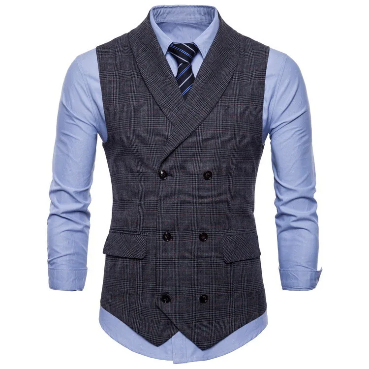 V Neck Double Breasted Vest Slim Fit Plaid Waistcoatcasual Vests for Men