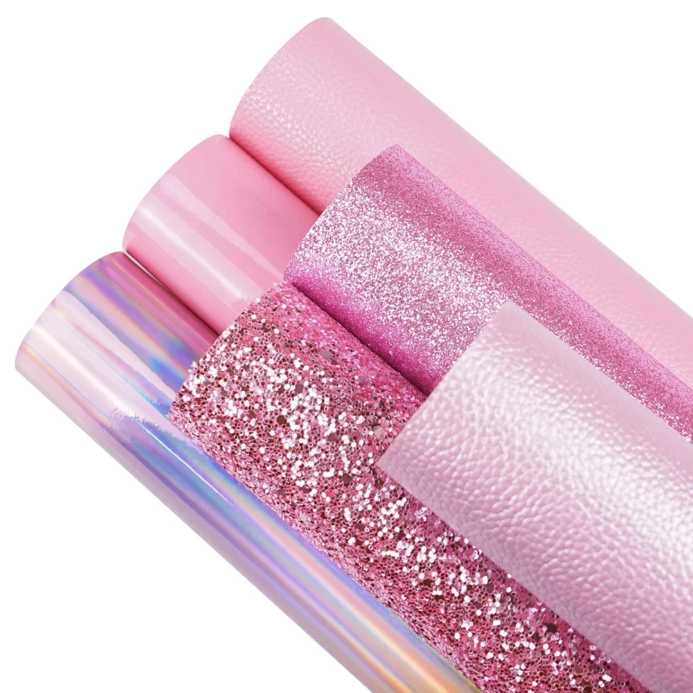 6pcs/set pink holographic chunky fine glitter vegan Faux Leather set A4 Sheets For DIY Bows Girl