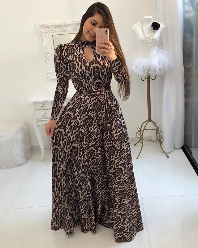 CYX004 Autumn New Design Long Sleeve Floral Print High Collar Women Beach Maxi Long Casual Dresses