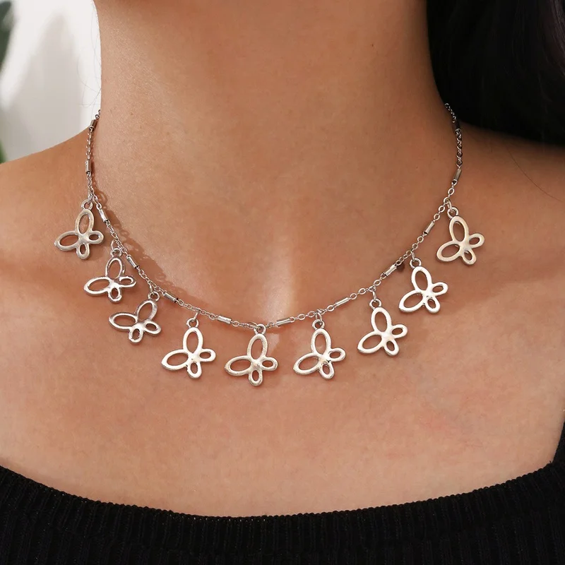 New Silver Butterfly Necklace Ordinary Chain Alloy Pendant Mental Necklace Europe And America for Women