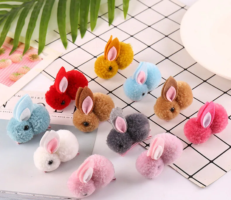 Popular Cute Pompom Plush Cartoon Bunny Girls Hairclip Lovely Stuffed Animal Rabbit Hairpin Hair Clips