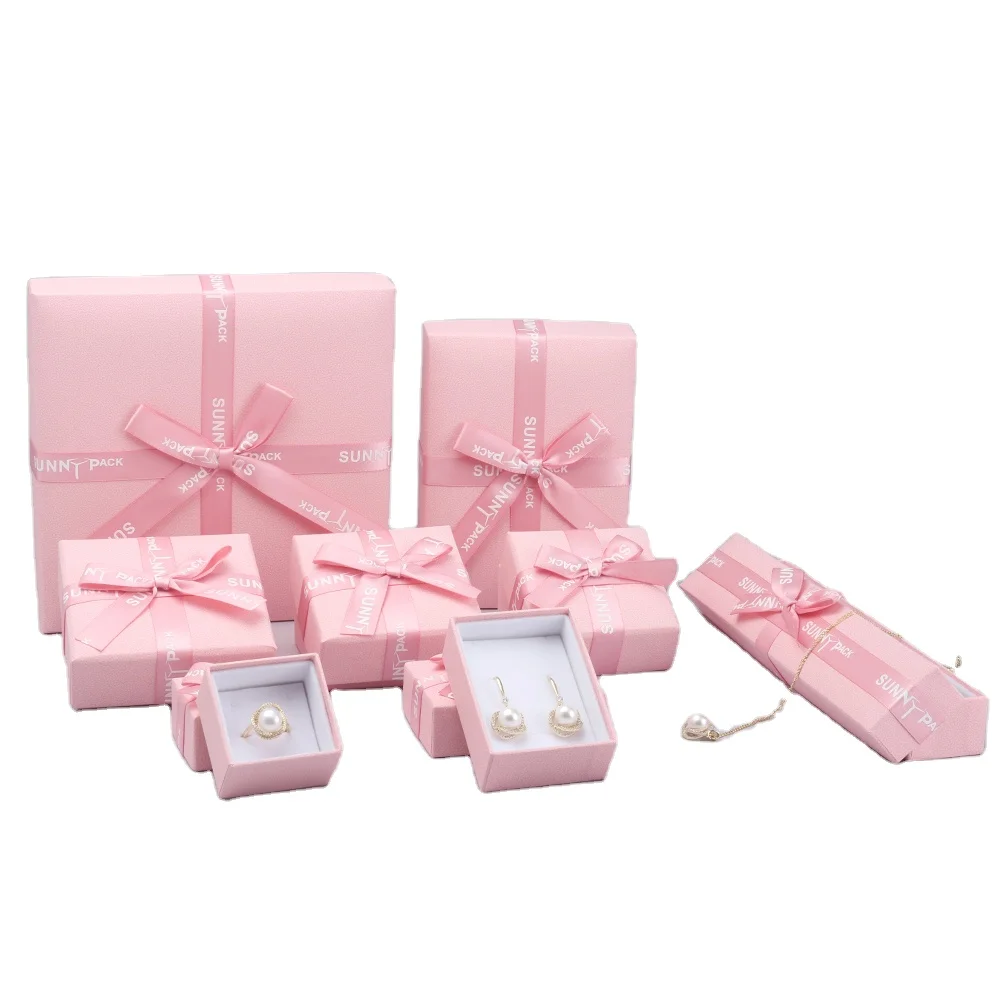 Small Pink Jewelry Paper Packaging Gift Box Ring Jewelry Color Packing Storage Box with Ribbon