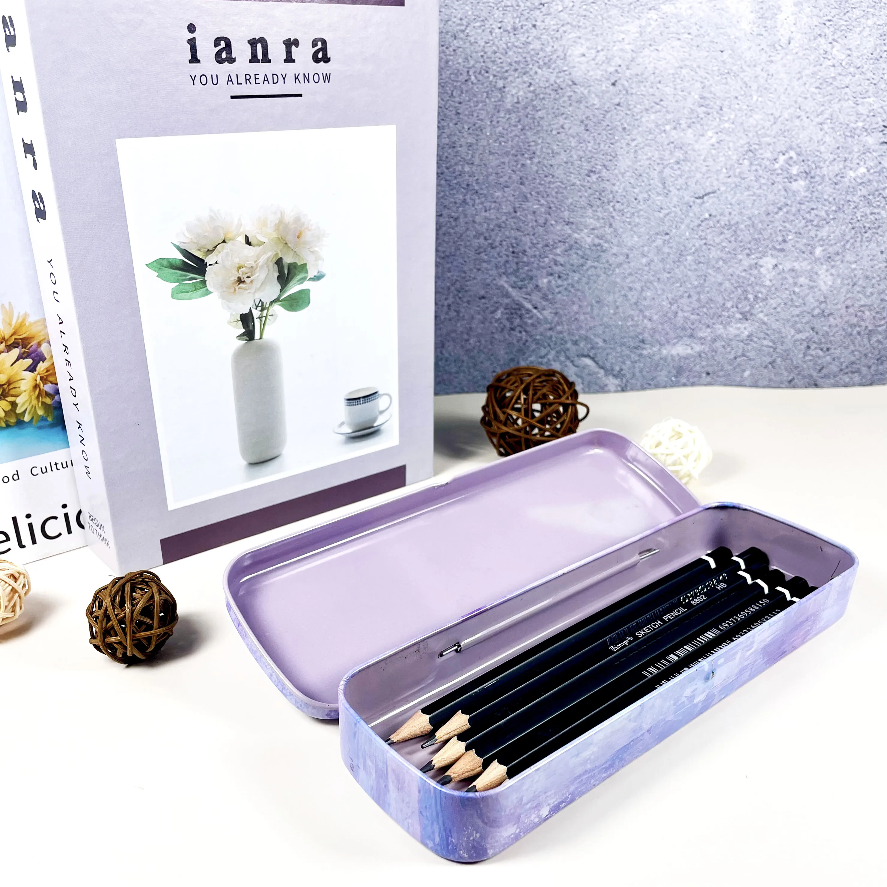 Hot sale custom printed rectangular metal tin pencil case with hinge metal pencil box for kids