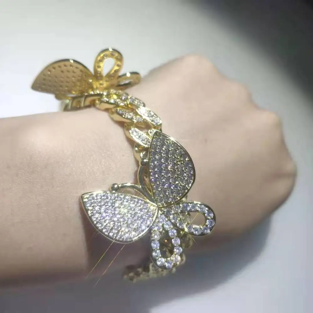 
Top Sale Women Fashion Jewelry Clear CZ Butterfly Cuban Link Chain Necklaces Iced Out Butterfly Necklaces 