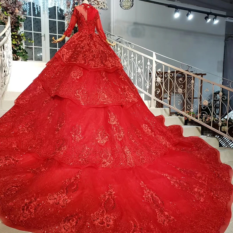 HTL886 Jancember real luxurious high neck long sleeves pleat red high quality luxury dress