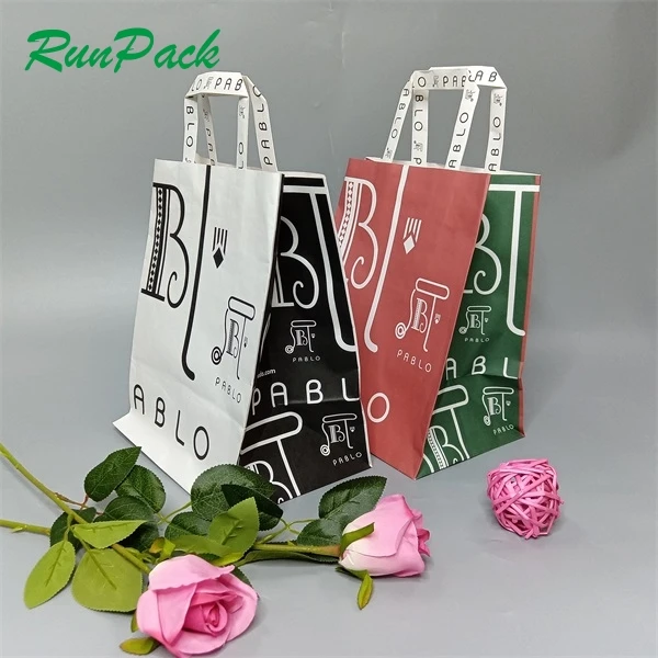 Free Sample Clothing Shoe Shopping Kraft Paper Carrier Sweet Gift Bags with Handles, Takeaway Lunch Bags 100% Recyclable