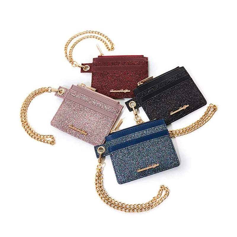 
Wholesale Mini Shiny Zipper Keychain Strap Portable Laser PU Leather Wallet Ladies Waterproof keychain card wallets for women 