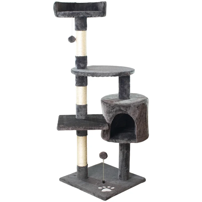 Wood Large Cat Tree Dark Grey Outdoor Cat Tower with Sisal-Covered Scratching Post Cat Condos Stand with Toys