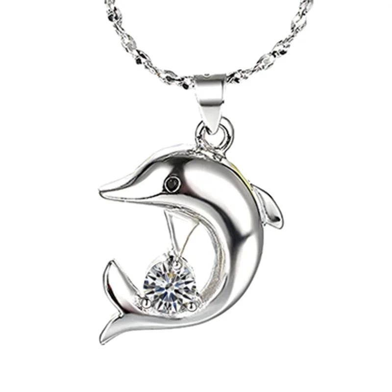 18k white gold plated CZ Dolphin Pendant Necklace For girls