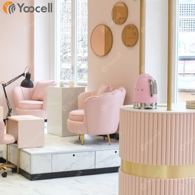 Yoocell pink velvet fabric salon-waiting-sofa with pillow gold foot beaute saloon waiting sofas for barber shop