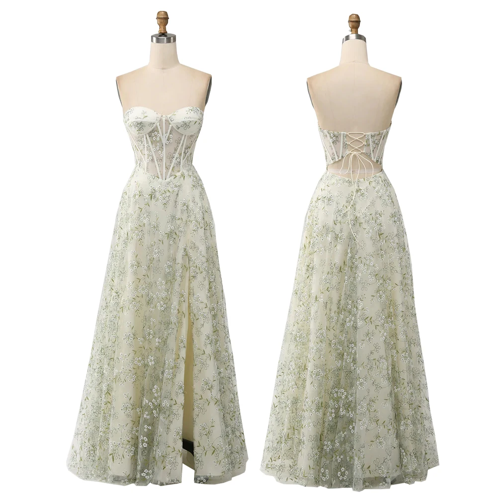 Elegant Lace-up Backless High Slit Women Formal Long Evening Dinner Dress A-Line Light Green Corset Prom Dress with Embroidery