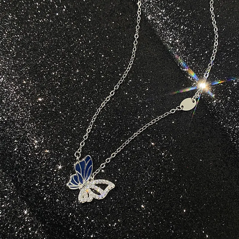 Flying Blue Butterfly Necklace 925 Sterling Silver Hollow Design  925 Sterling Silver Cubic Zirconia Dainty White Gold Plated