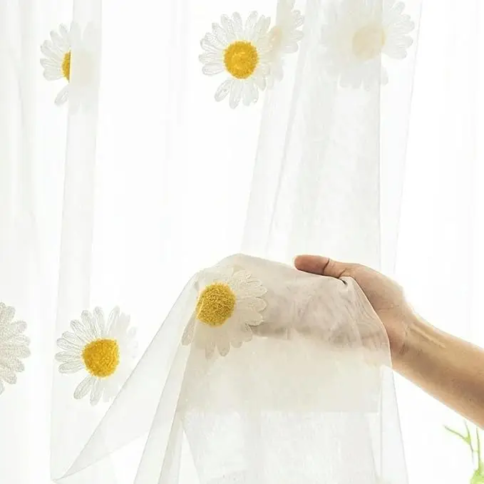 Yellow Daisy Embroidered Tulle Curtains Fabric Sheer Window Drapes with Blackout Feature for Kitchen Study or Door Decor
