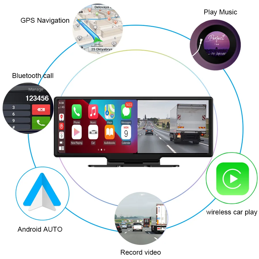10.26 Inch 4k dashcam camera with Wireless CarPlay Android AUTO Multimedia Audio car dvr camera Video Recorder car monitor