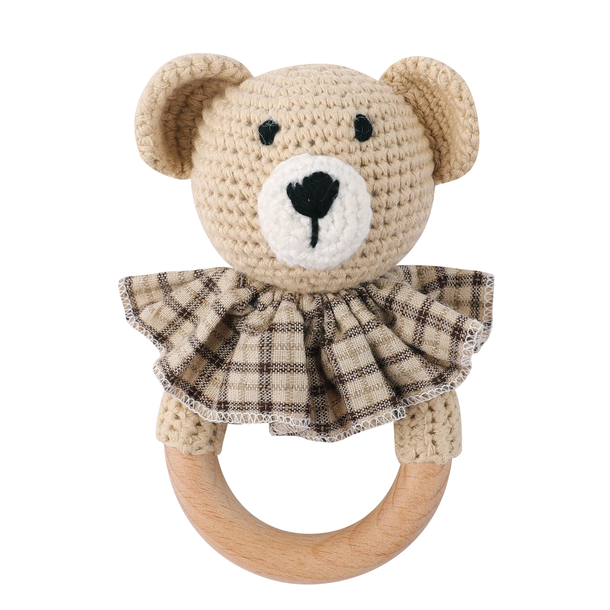 Natural Lovely Knitted Bear Bunny Deer Rattle Teether Handmade High Quality Wooden Crochet Rattle Toy