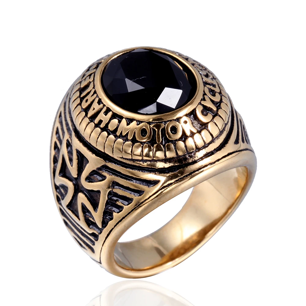 Stainless Steel Gold Plated Maltese Cross Mounted Stone Ring