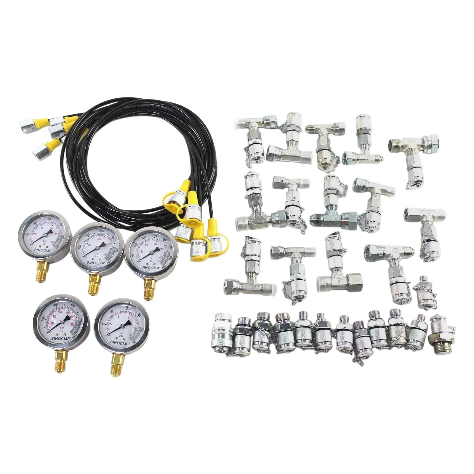 TKS Hydraulic Pressure Test Kit 5 Gauges for Excavators Pressure Gauge Set Diagnostic Tools Stainless Steel Case box