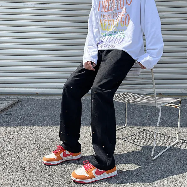 Black Stocked Factory Wholesale Jeans Oil Paint Streetstyle Oversized Wide Leg Jeans Loose Flared Jeans